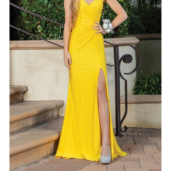 New Sheath Ruched Solid Bridesmaid Dress w/ Lace Up Back & Leg Slit DQ 4283 - Picture 9 of 9